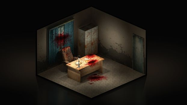Horror and creepy working room in the hospital with blood. 3d illustration Isomatric.
