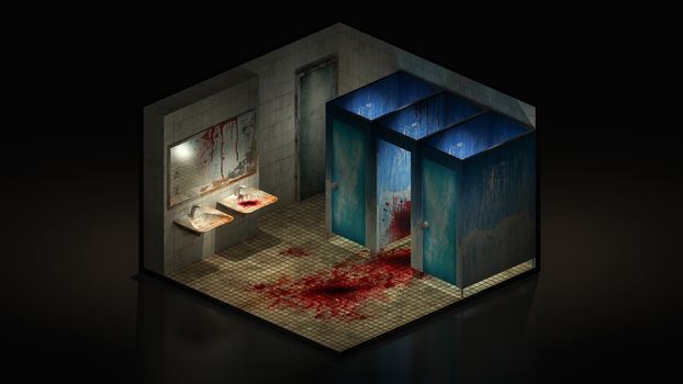 Horror and creepy toilet in the hospital with blood. 3d illustration Isomatric.