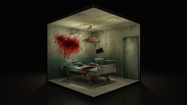 Horror and creepy abandoned operating room in the hospital with blood. 3d illustration.