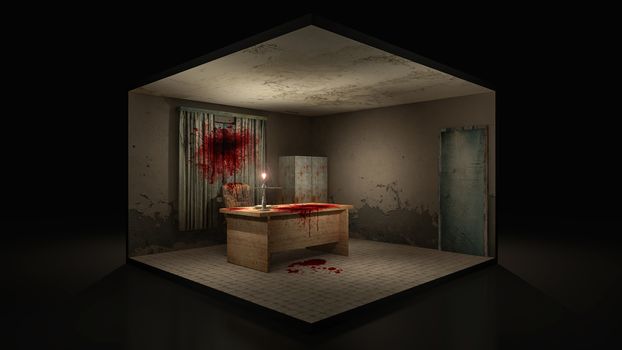 Horror and creepy working room in the hospital with blood. 3d illustration.