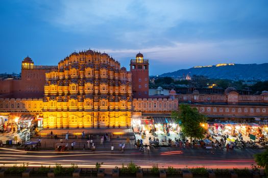 Hawa Mahal on evening, Jaipur, Rajasthan, India. An UNESCO World heritage. Beautiful window architectural element.