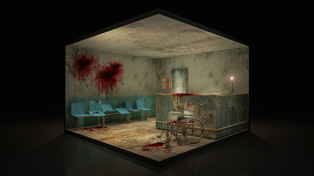 Horror and creepy seat waiting in front of the examination room in the hospital with blood. 3d illustration.