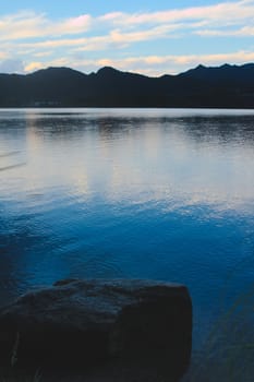 Blue twilight sky reflected on the waters of lake Potrero de los Funes, in San Luis, Argentina.