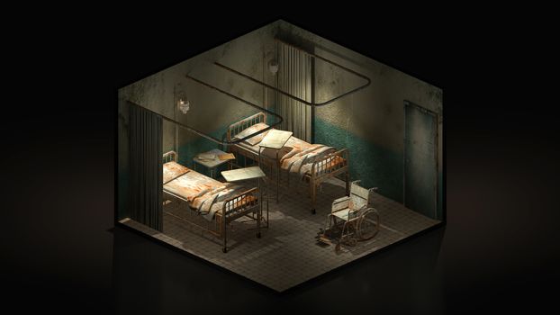 Horror and creepy ward room in the hospital with wheelchair.,3d illustration Isomatric.