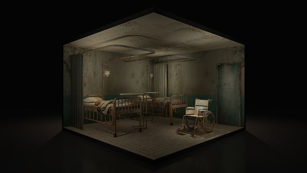 Horror and creepy ward room in the hospital with wheelchair.,3d illustration.