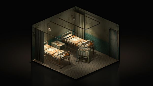 Horror and creepy ward room in the hospital .3d illustration Isomatric.