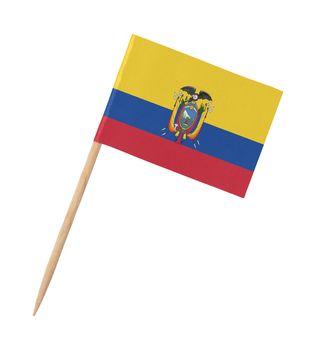 Small paper Ecuadorian flag on wooden stick, isolated on white
