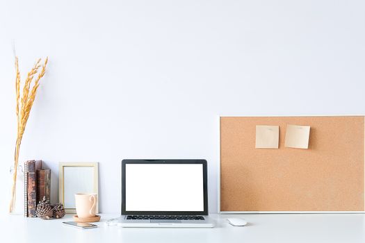 workspace desk and laptop. copy space and blank screen. Business image, Blank screen laptop and supplies.