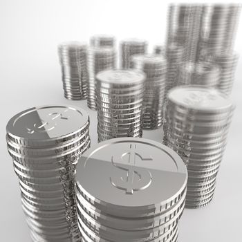 Stack of coins dollar sign 3d on white background