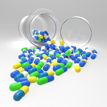 Pills 3d spilling out of pill bottle on white 