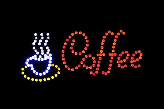 Coffee shop sign LED Bokeh light on dark background, Coffee shop sign Light signage bokeh dot colorful, Sign word coffee cup neon dot light symbol on black background