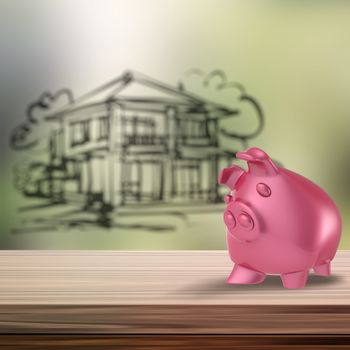 3d Piggy bank on wooden shelf with home blur background as concept