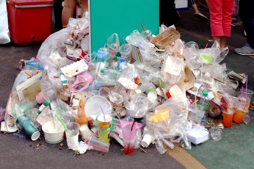 Garbage, Trash, Waste, Plastic Waste Pollution, Pile of Garbage Plastic Waste Bottle and Bag Foam tray many on floor