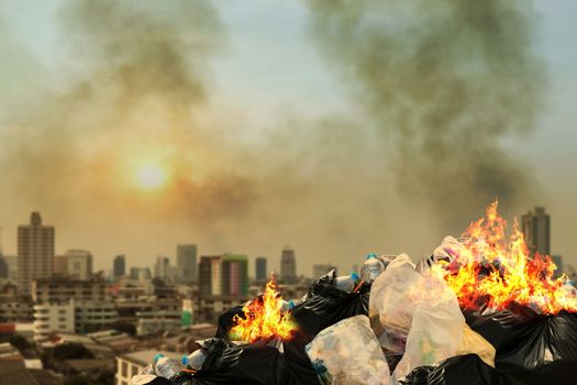 Burn lot waste front City community, Garbage bin pile Dump Lots of junk Polluting Burning heap smoke from burning pile garbage pollution damage Dust, Air pollution burn lot waste smog in city