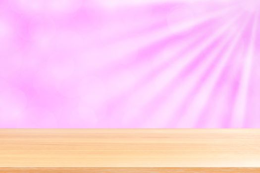 empty wood table floors on soft pink bokeh lights beam shine gradient background, wooden plank empty on pink bokeh colorful light shine, pink colorful bokeh lights gradient soft for banner advertising