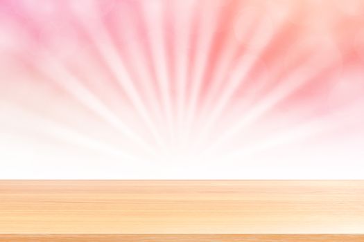 empty wood table floors on soft pink bokeh lights beam shine gradient background, wooden plank empty on pink bokeh colorful light shine, pink colorful bokeh lights gradient soft for banner advertising