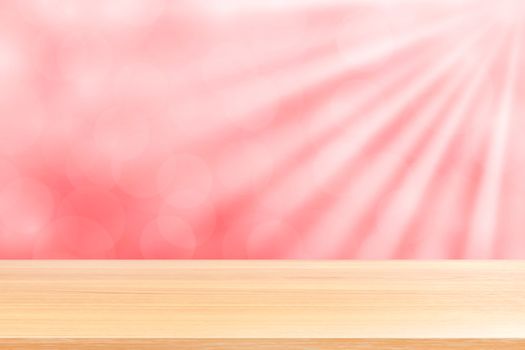 empty wood table floors on soft pink bokeh lights beam shine gradient background, wooden plank empty on pink bokeh colorful light shine, pink colorful bokeh lights gradient soft for banner advertising