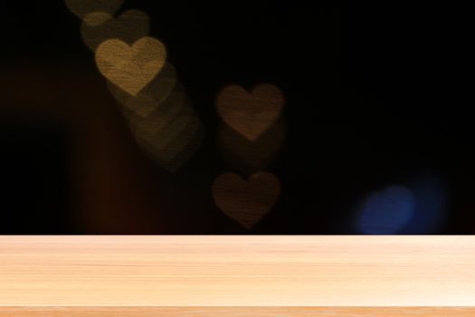 wood plank on bokeh lights heart shape soft gold background valentine, empty wood table floors on heart lights shape background colorful golden, wood table board empty on bokeh heart shape gold
