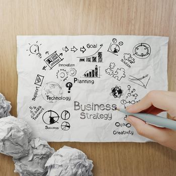 hand drawing creative business strategy on crumpled paper with woden background as concept 
