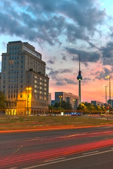 The Strausberger Platz in Berlin with the Television Tower after sunset