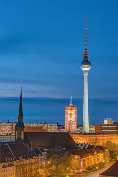Television Tower and townhall in Berlin at night