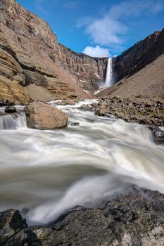 The Hangifoss waterfall in Iceland taken with a long exposure