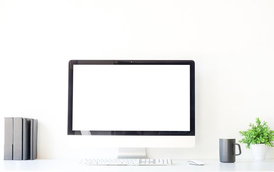 Workspace desk and laptop. copy space and blank screen. Business image, Blank screen laptop and supplies. 