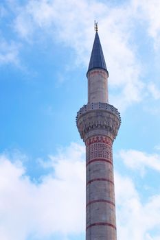 Minaret of the Blue Mosque of Sultanahmed, located in Istanbul, Turkey. Architectural detail.