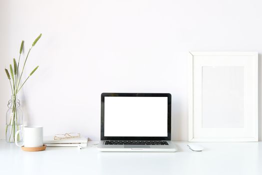 Workspace desk and laptop. copy space and blank screen. Business image, Blank screen laptop and supplies. 