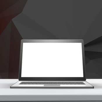 Laptop with blank screen on laminate table and low poly geometric  background