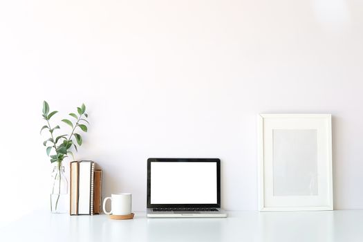 Workspace desk and laptop. copy space and blank screen. Business image, Blank screen laptop and supplies. 