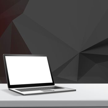 Laptop with blank screen on laminate table and low poly geometric  background