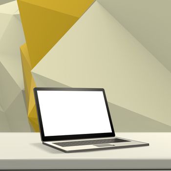 Laptop with blank screen on laminate table and low poly geometric  background