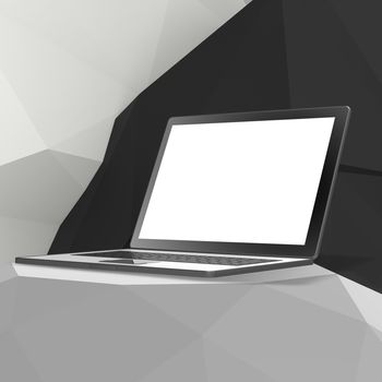 Laptop with blank screen on Empty abstract laminate shelf and low poly geometric background