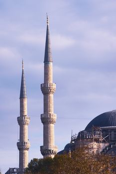 Northwestern minarets of the Blue Mosque of Sultanahmet, in Istanbul, Turkey. Architectural detail.
