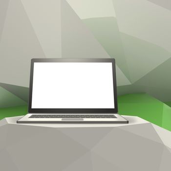 Laptop with blank screen on laminate table and low poly geometric  background