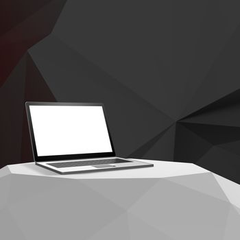 Laptop with blank screen on laminate table and low poly geometric  background