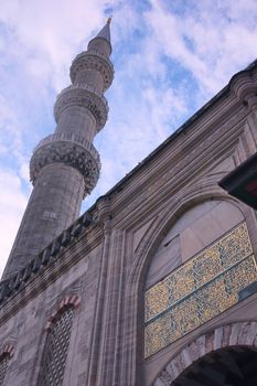 Architectural detail of one of the minarets of the Blue Mosque of Sultanahmed, in Istanbul, Turkey. Low angle view.