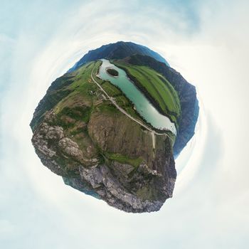 360 spherical panorama of Katun river, with island in the Altai mountains, Siberia, Russia. Virtual reality content
