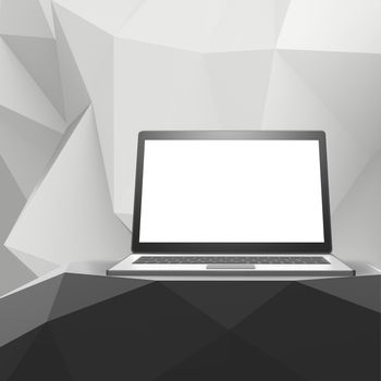 Laptop with blank screen on laminate table and low poly geometric  background