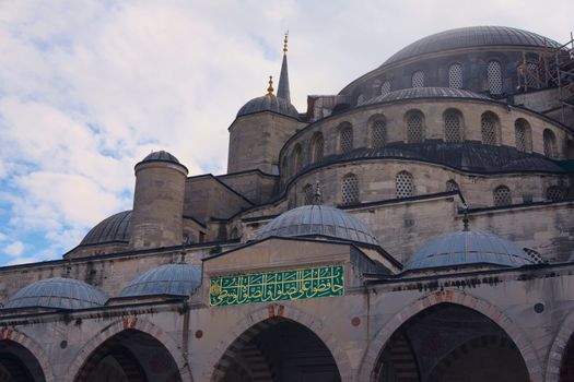 Architectural detail of the Blue Mosque of Sultanahmed, in Istanbul, Turkey. Low angle view.