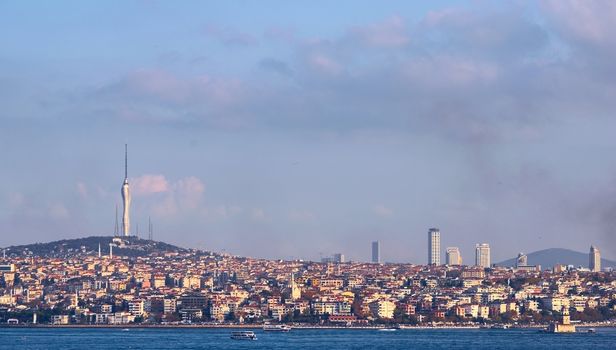 The futuristic Kucuk Camlica TV Radio Tower stands tall on the eastern side of Istambul, Turkey. Panoramic view from across the Bosphorus.