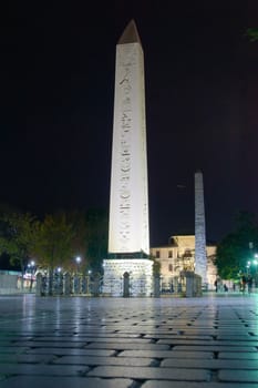 The Obelisk of Theodosius at night.An ancient Egyptian obelisk of pharaoh Thutmose III, now located in Istambul, Turkey.