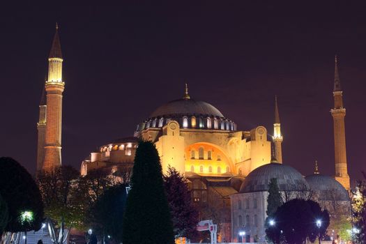 Hagia Sophia at night. This was a Greek Orthodox Christian cathedral, later an Ottoman imperial mosque and a museum in the present day.