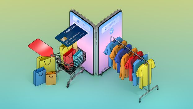 Many Shopping bag and price tag in a shopping cart and Clothes on a hanger appeared from smartphones screen., shopping online or shopaholic concept.,3d illustration with object clipping path.