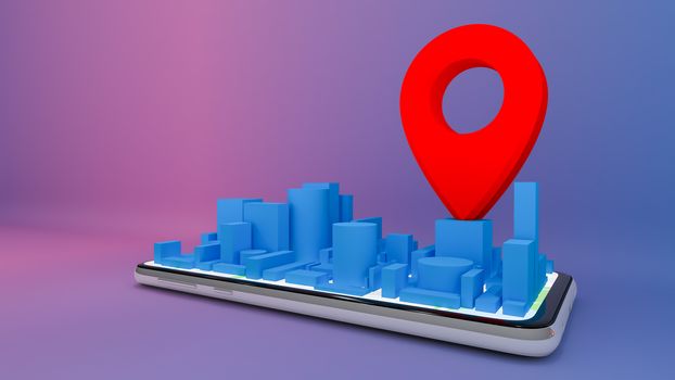 Mobile digital city map with red pin pointers.,delivery concept.,3D rendering.