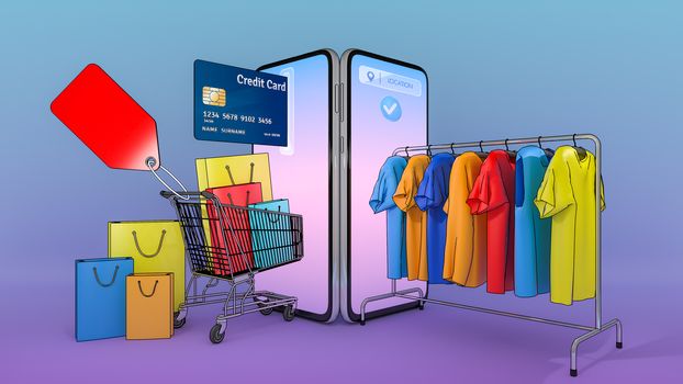 Many Shopping bag and price tag in a shopping cart and Clothes on a hanger appeared from smartphones screen., shopping online or shopaholic concept.,3d illustration with object clipping path.