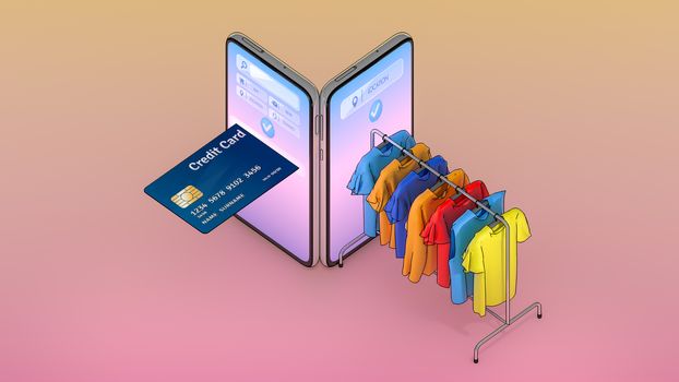 Credit card and Clothes on a hanger appeared from smartphones screen., shopping online or shopaholic concept.,3d illustration with object clipping path.