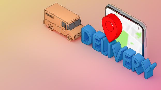 Mobile phone and truck van with Delivery font and red pin pointers.,Online mobile application order transportation service and Shopping online and Delivery concept.,3D rendering.