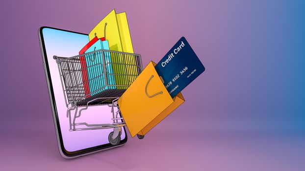 Shopping cart of ejected from a mobile phone with many shopping bag and credit card.,Online mobile application order transportation service and Shopping online and Delivery concept.,3D rendering.